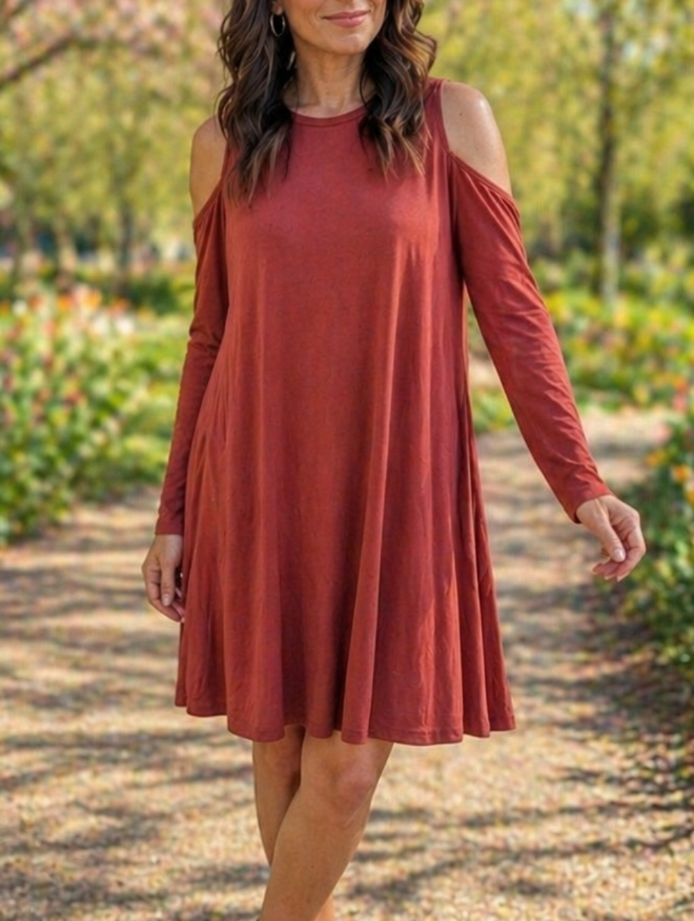 Style & Co Rust Cold Shoulder Midi Dress | Soft Stretch Casual Chic